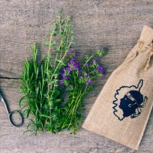 Fresh herbs typical of Corsica. Bunch of thyme, rosemary, marjor